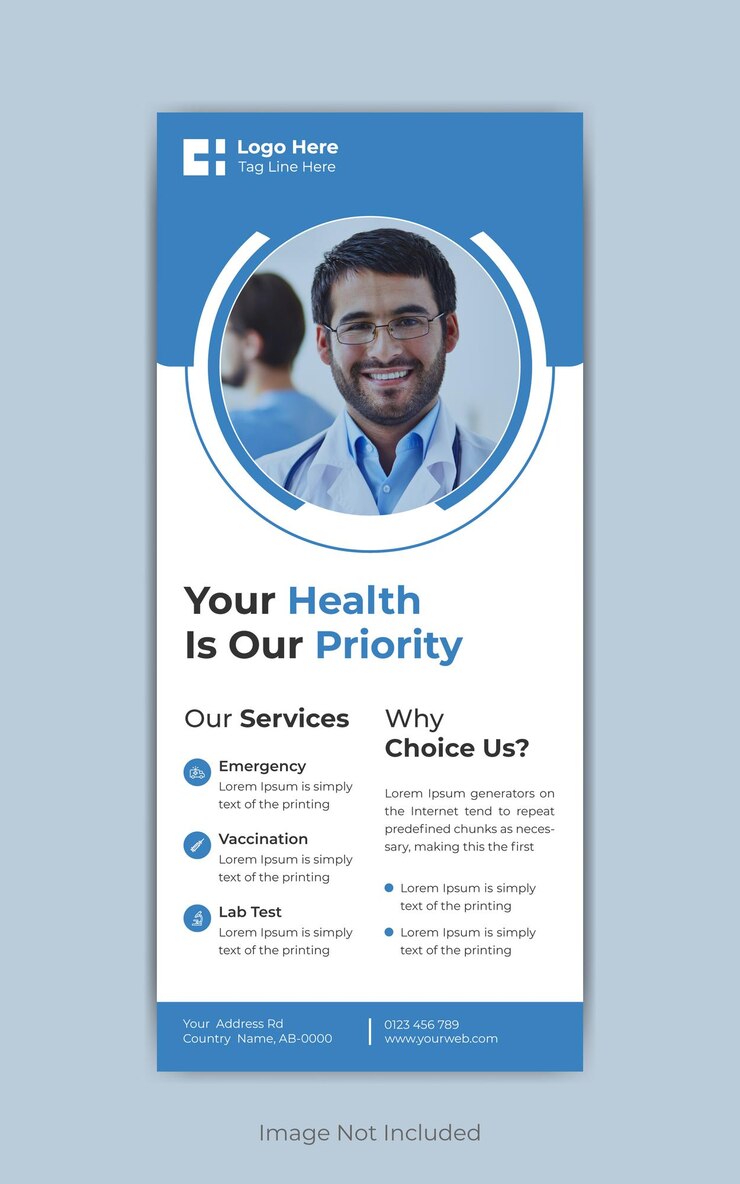 Folleto médico dl y tarjeta publicitaria con banner enrollable