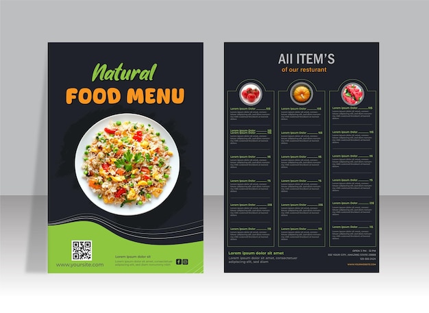 Folleto de menú de alimentos naturales para restaurantes