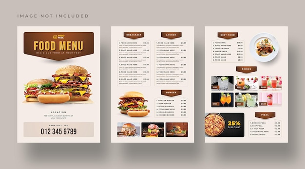 Folleto de menú de comida deliciosa hamburguesa y restaurante