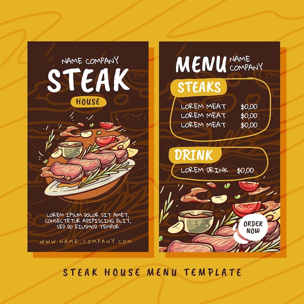 Vector folleto de menú de steak house dibujado a mano