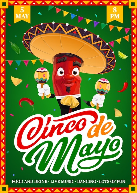 Folleto mexicano del Cinco de Mayo con carácter de chile.