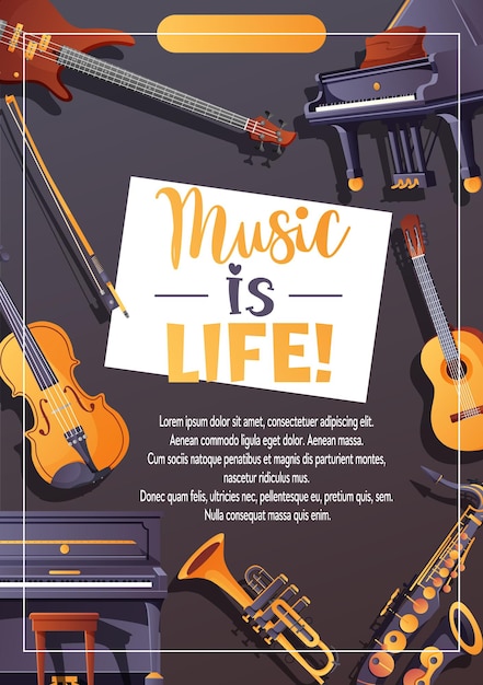 Folleto de música con instrumentos y el texto La música es la vida