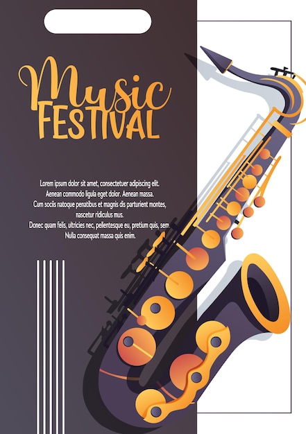 Folleto de música vectorial con saxofón y texto