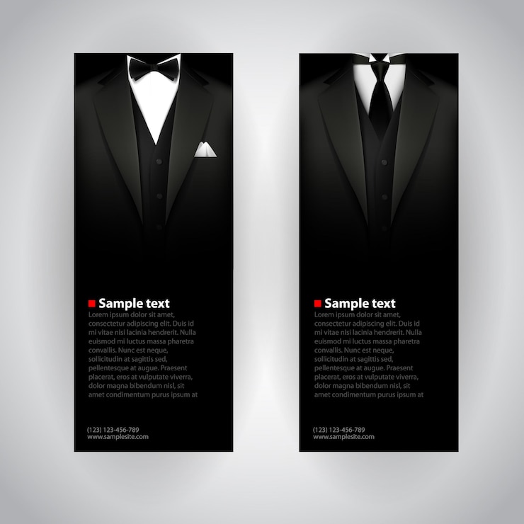 Vector folleto de negocios con elegante traje y esmoquin.