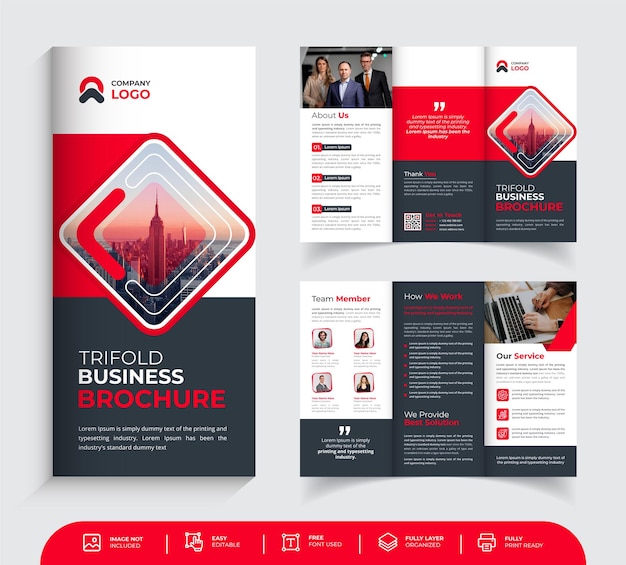 Folleto de negocios tríptico rojo creativo Vector Premium