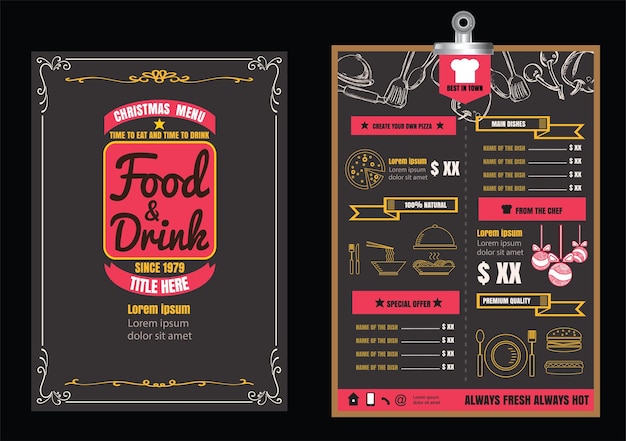 Vector folleto o cartel menú navideño de comida de restaurante con pizarra formato vectorial de fondo eps10