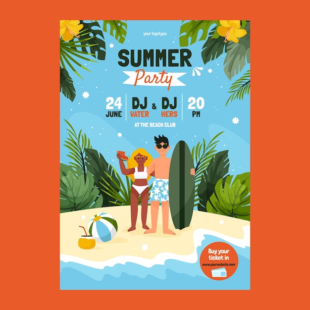 Folleto o póster de fiesta de verano plano dibujado a mano