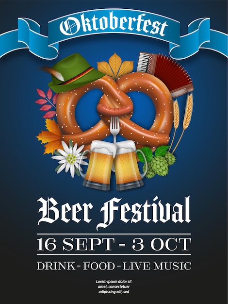 Vector folleto de oktoberfest con pretzel y jarras de cerveza cartel del festival de la cerveza alemana de octubre