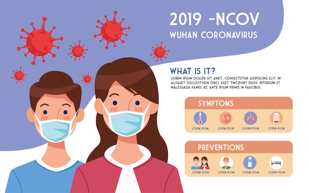 Folleto de pandemia de Covid19 con pareja usando diseño de ilustración de infografías de mascarillas