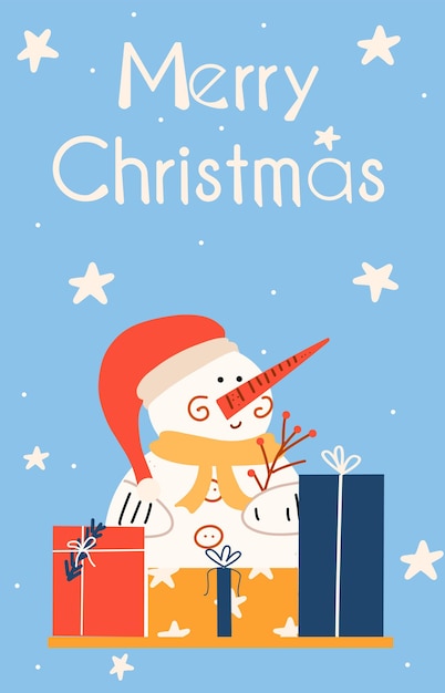 Folleto de plantilla de diseño de tarjeta de Navidad con muñeco de nieve y regalos de año nuevo