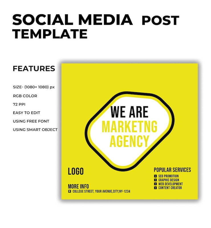 Un folleto para la plantilla de publicación en redes sociales con un círculo amarillo que dice "somos una agencia de marketing"