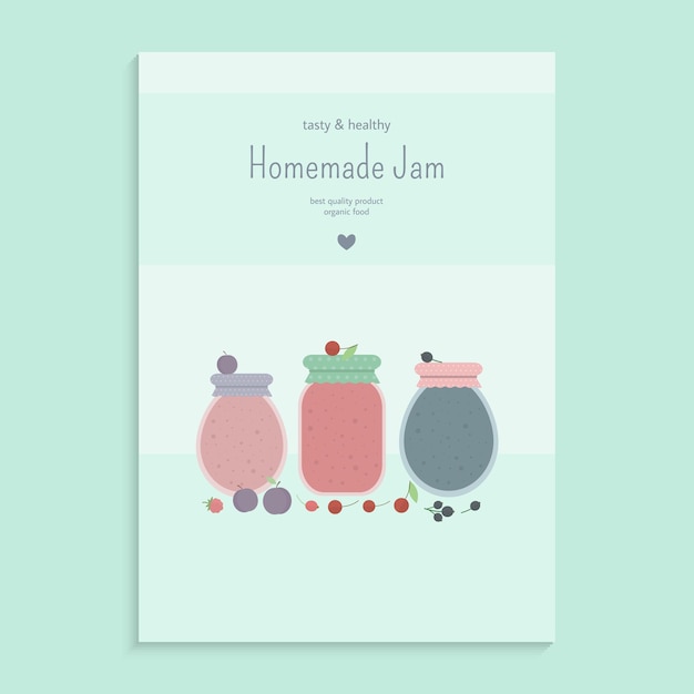 Vector folleto de póster de mermelada casera de frutas y bayas en frascos de vidrio.