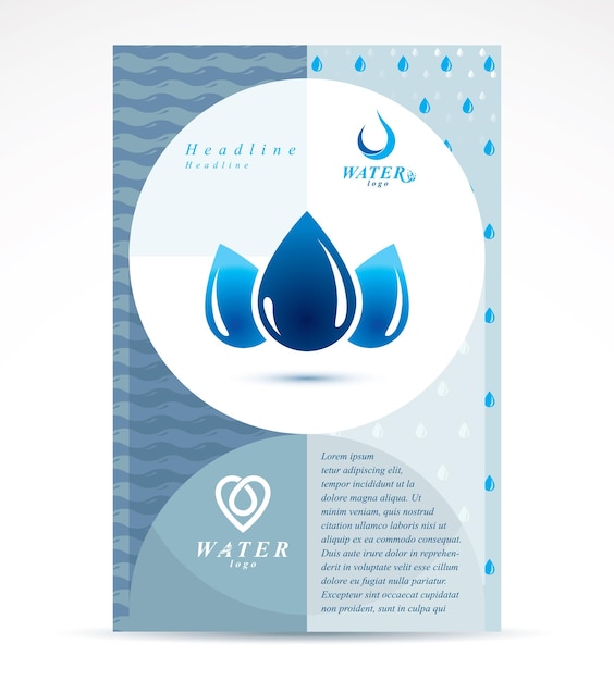 Folleto de presentación de la empresa de tratamiento de agua. Ilustración de vector gráfico. Gotas de agua transparente azul vectorial.