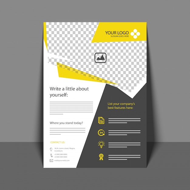 Folleto profesional en color amarillo y gris, folleto corporativo, informe anual y diseño de portada para su negocio.