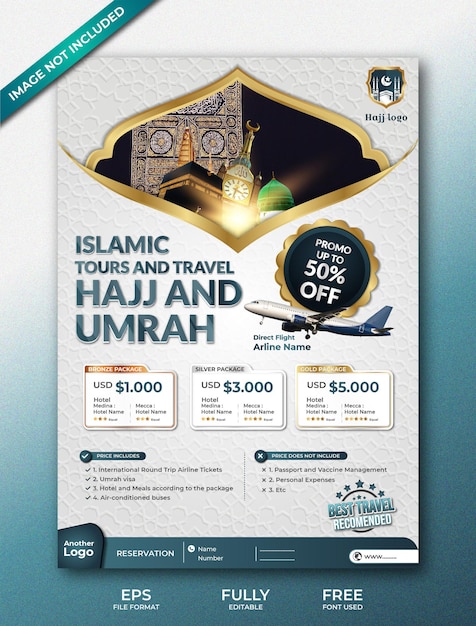 Vector folleto promocional de hajj y umrah con un estilo elegante y lujoso.
