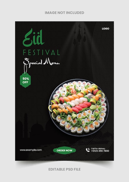 Vector folleto promocional del menú de comida del festival musulmán eid o banner de redes sociales y plantilla de publicación de facebook