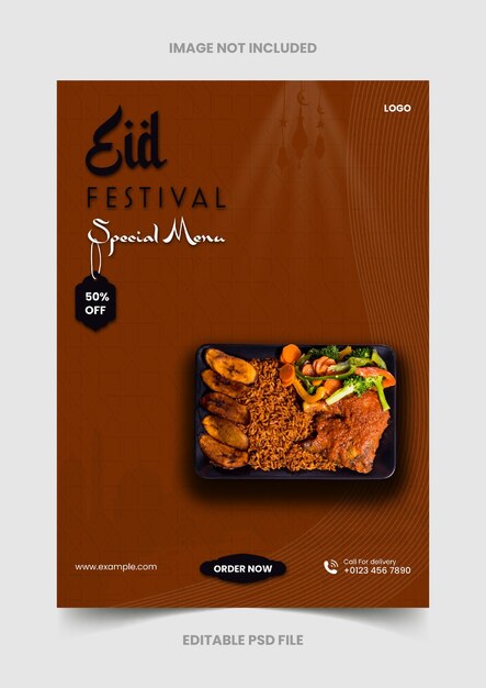 Vector folleto promocional del menú de comida del festival musulmán eid o banner de redes sociales y plantilla de publicación de facebook