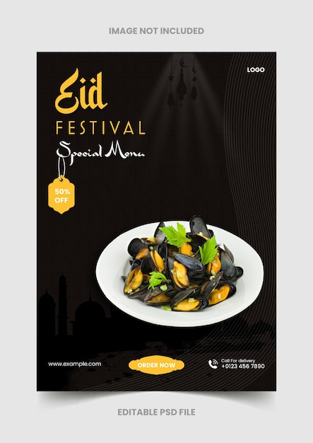 Vector folleto promocional del menú de comida del festival musulmán eid o banner de redes sociales y plantilla de publicación de facebook