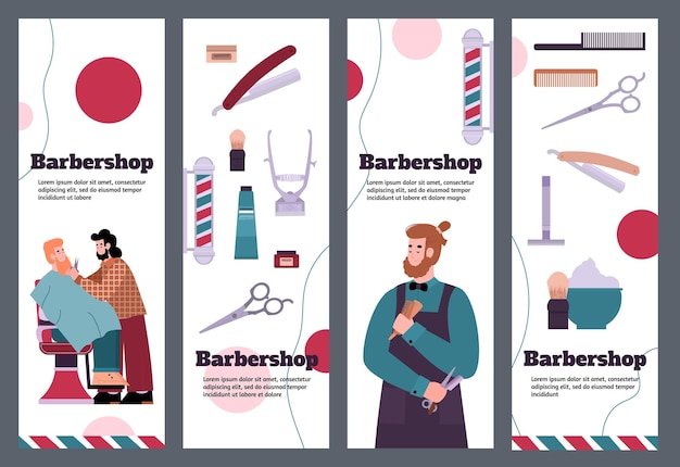 Folleto publicitario de barbería o volante con personajes masculinos de dibujos animados ilustración vectorial plana