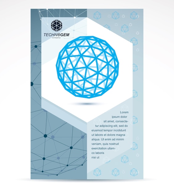 Folleto publicitario creativo de tecnologías informáticas. Forma azul tridimensional abstracta, elemento de diseño vectorial.