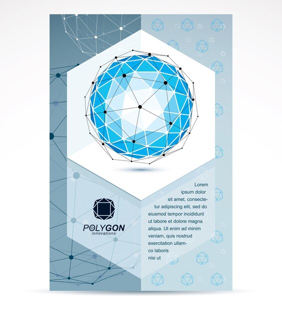 Folleto publicitario creativo de tecnologías informáticas. Forma azul tridimensional abstracta, elemento de diseño vectorial.