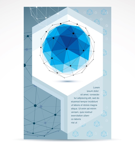 Folleto publicitario creativo de tecnologías informáticas. Forma azul tridimensional abstracta, elemento de diseño vectorial.