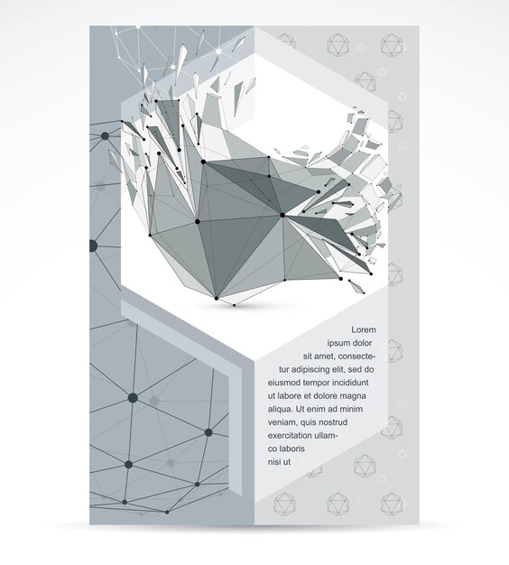 Folleto publicitario creativo de tecnologías informáticas. Objeto roto de malla 3d en blanco y negro abstracto vectorial, plantilla de baja poli de tecnología de elemento de diseño con refracciones rotas.