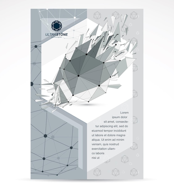 Folleto publicitario creativo de tecnologías informáticas. Objeto roto de malla 3d en blanco y negro abstracto vectorial, plantilla de baja poli de tecnología de elemento de diseño con refracciones rotas.
