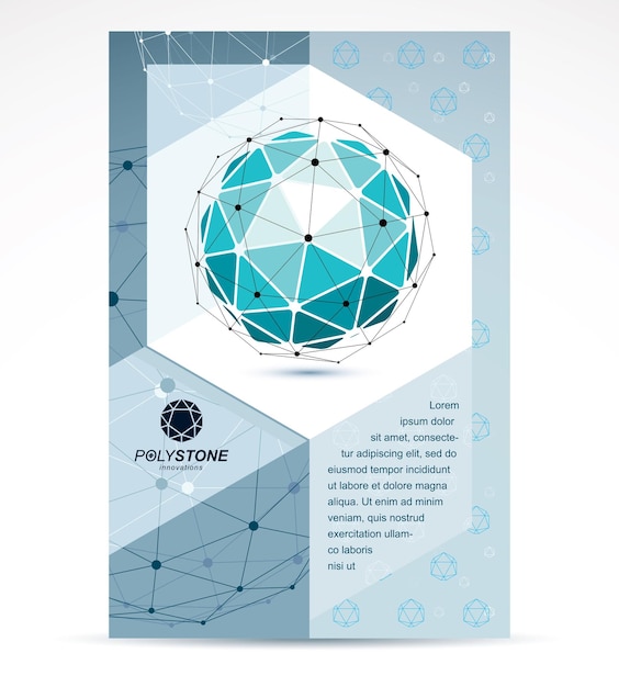 Folleto publicitario de la empresa de tecnologías digitales. Construcción isométrica azul abstracta, vector polivinílico bajo.