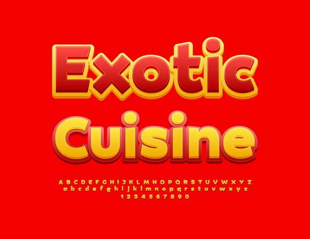 Folleto publicitario vectorial de cocina exótica fuente amarilla y roja brillante letras artísticas del alfabeto