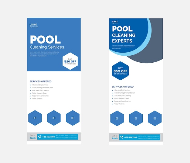 Folleto de servicio de limpieza de piscina Diseño de banner enrollable Cartel de servicio de mantenimiento de piscina Plantilla de folleto enrollable Cartel de limpieza de piscina Folleto DL