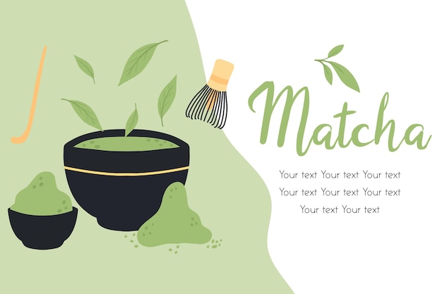 Folleto con té matcha ilustración vectorial con té verde taza con matcha latte póster con taza de matcha verde