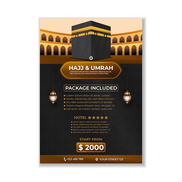 Folleto Tour Hajj y Umrah Diseño de vectores de plantilla con kaaba realista para mosca de fondo islámico