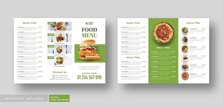 Folleto triple de menú de comida para restaurante cafetería.