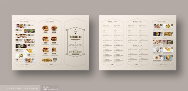 Folleto triple de menú de comida para restaurante.