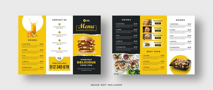 Vector folleto triple de menú de comida para restaurante.