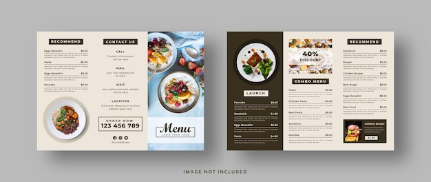 Folleto triple de menú de comida para restaurante.