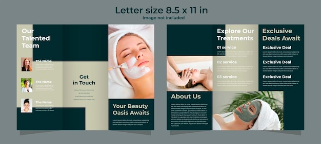 Folleto triplo para el cuidado de la belleza en colores verde oscuro y salvia clara