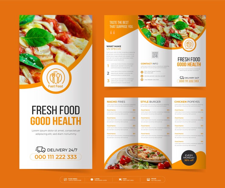 Vector folleto tríptico de comida, folleto tríptico de menú de restaurante, plantilla de menú de comida