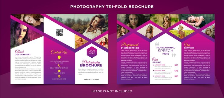 Folleto tríptico de fotografía con diseño de moda