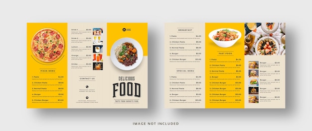 Folleto tríptico de menú de comida para restaurante.