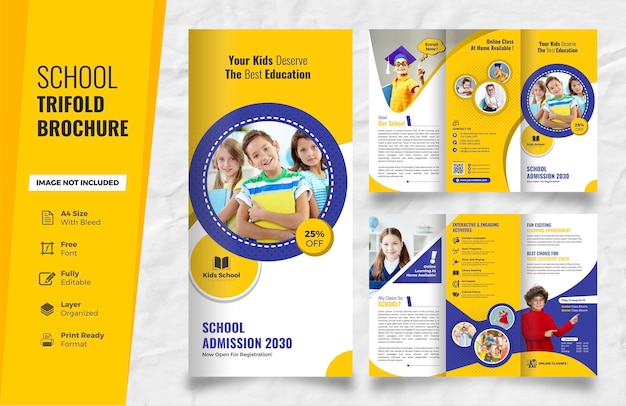 Folleto tríptico de vector de admisión de regreso a la escuela con plantilla de educación escolar de aprendizaje en línea