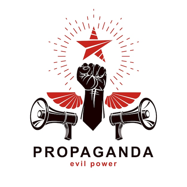 Folleto vectorial creado con puños cerrados levantados, alas de libertad y equipo de altavoces. la propaganda como poderosa arma de influencia en el comportamiento social.