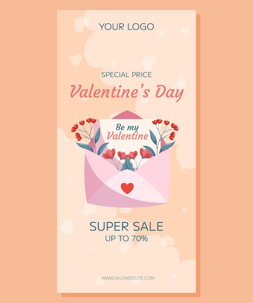 Folleto de venta del Día de San Valentín con un sobre rosado con flores y un corazón que promueve descuentos