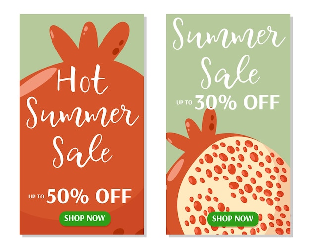 Folleto de venta de verano con fondo de granada Conjunto de tarjetas vectoriales con frutas tropicales