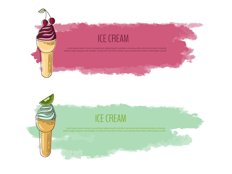 Vector folleto de verano con letras y fondo de acuarela ilustración vectorial con helado de cereza y kiwi