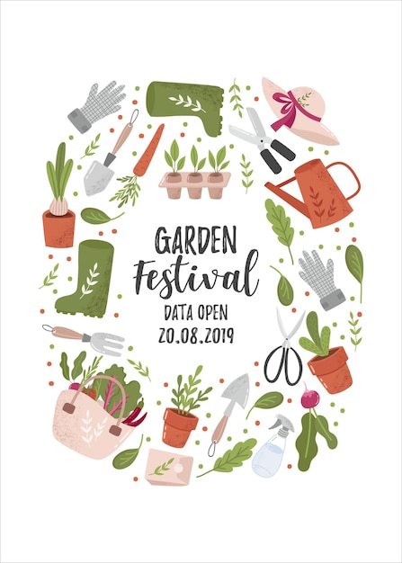 Folleto vertical creativo o plantilla de póster con herramientas de jardinería y lugar para texto para jardín