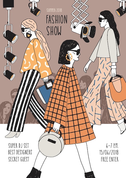 Folleto vertical o plantilla de afiche para un desfile de moda con los mejores modelos vistiendo ropa de moda caminando por la pista o haciendo pasarela. Ilustración vectorial dibujada a mano para promoción de eventos, publicidad