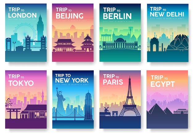 Vector folleto de viajes del mundo con conjunto de tipografía.