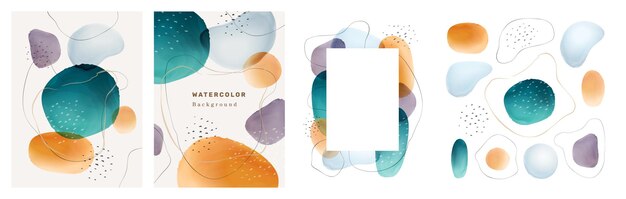 Los folletos cubren el conjunto de fondos aislados de elementos de diseño abstracto de acuarela. La presentación del vector cubre los telones de fondo de las manchas de líquido líquido creativo. Burbujas de puntos pastel, texturas geométricas mínimas